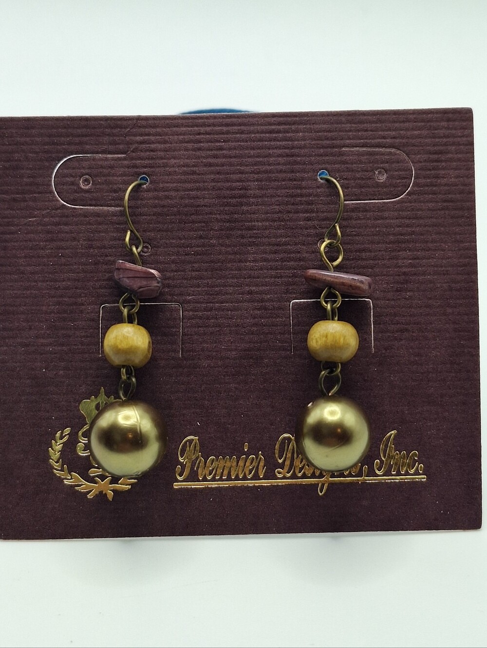 Premier Designs Bronze Pearl & Wood Bead Dangle Earrings | Boho Rustic Jewelry